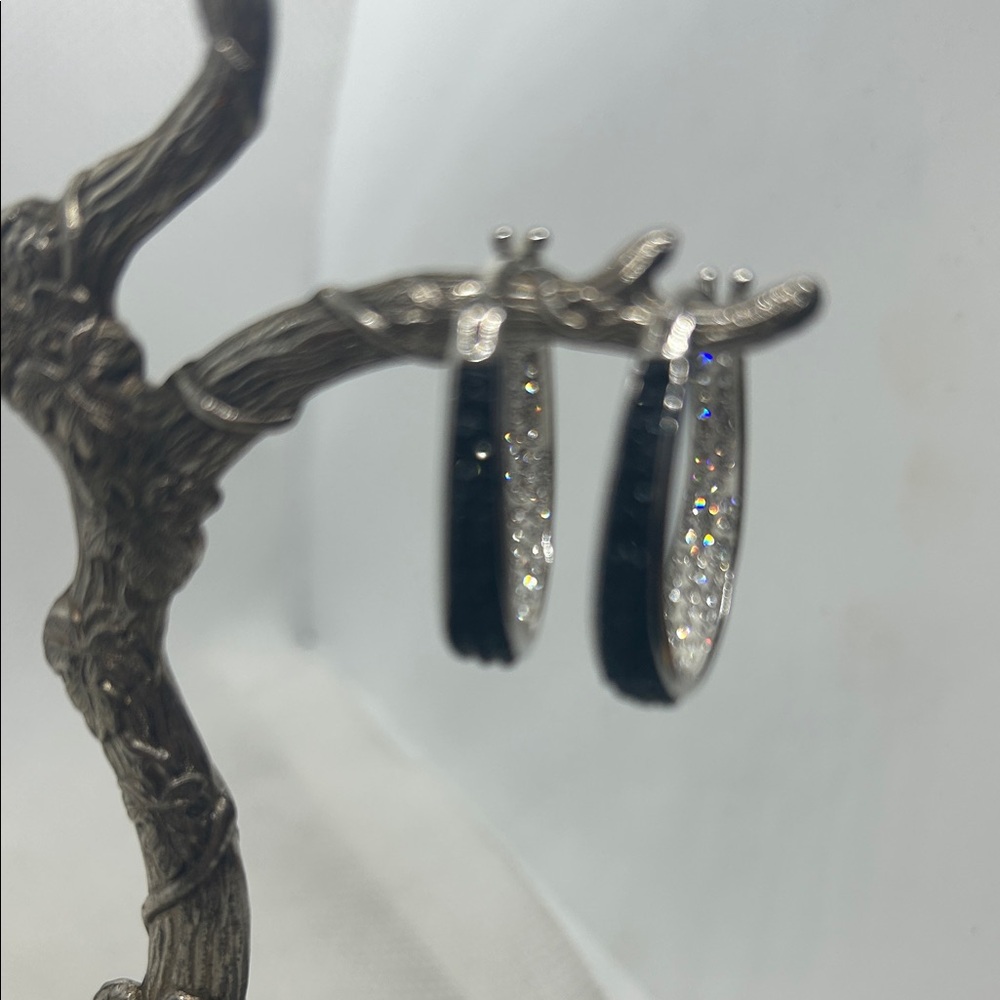 NWOT Australian Crystal Elegant Silver and Black Hoop Earrings - Picture 3 of 7